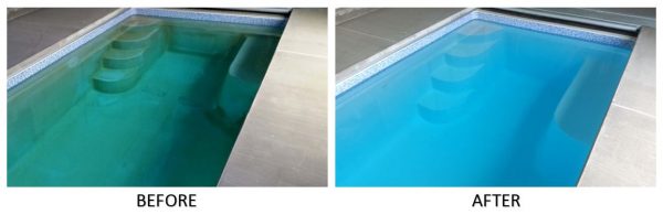 Fiberglass pool treated with NO-DRAIN Metal Stain Eliminator Kit and CuLator Metal Eliminator